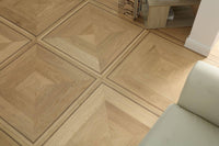Geometric 14 unfinished oak flooring with diamond parquet pattern in modern living room