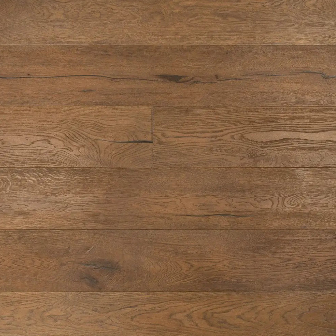 Medium brown hardwood flooring planks with visible natural grain patterns and knots.