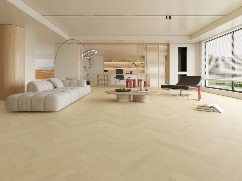 Natural oak wide plank flooring in a stylish living space