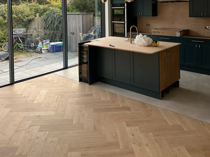 Oak herringbone flooring in a modern office interior