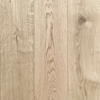 Raw close-up of unfinished classic oak wood flooring featuring natural grain texture and soft matte tones