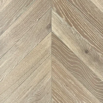 Close-up of Chevron Smoke Grey Oak Flooring showing brushed texture and smoky grey oak grain detail