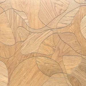 A stylish wooden floor displaying a geometric pattern of circles and lines, crafted from premium oak for a modern aesthetic.