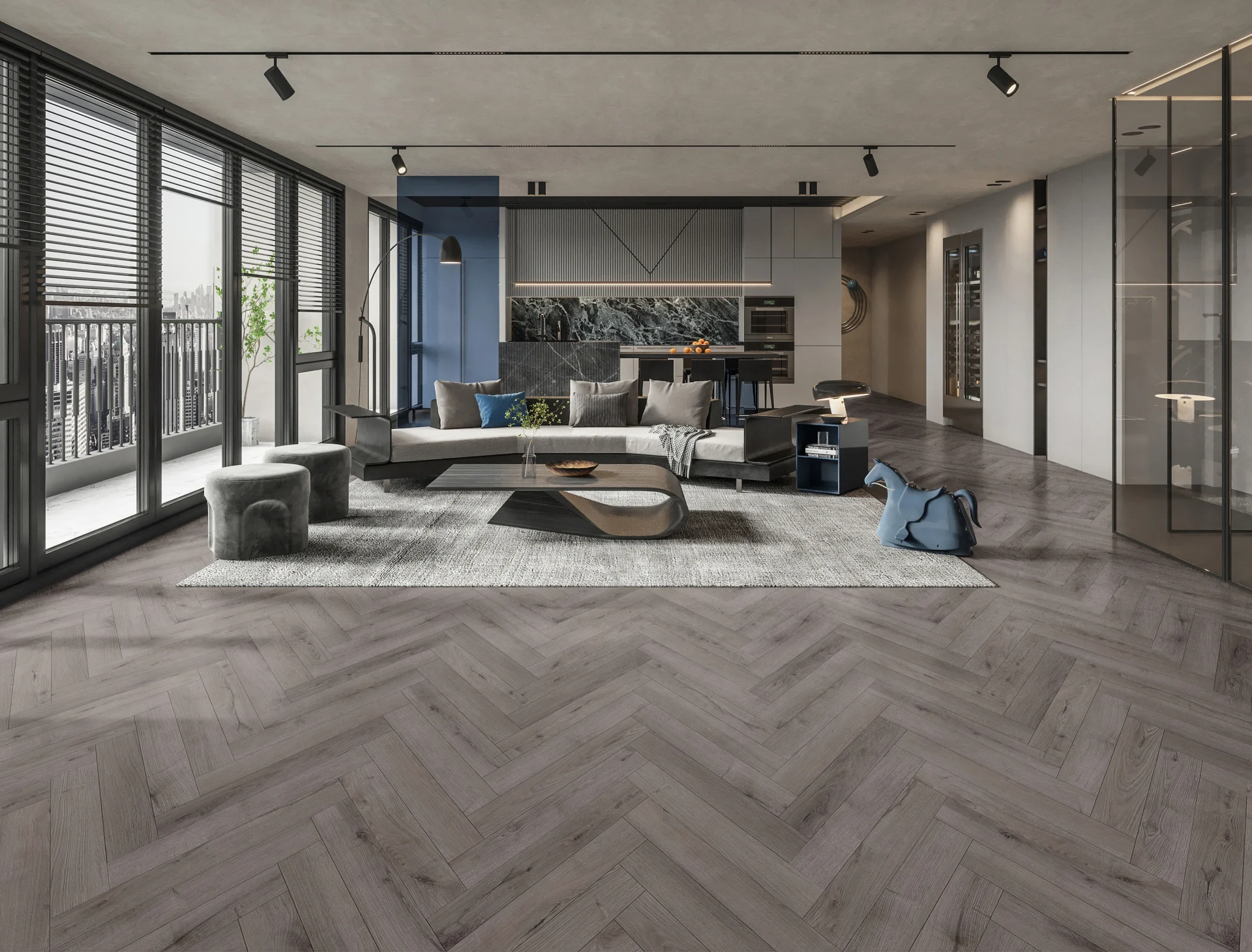 New Deluxe Laminate Carbon Grey Oak Herringbone installed in a modern room – 12 x 101 x 606mm