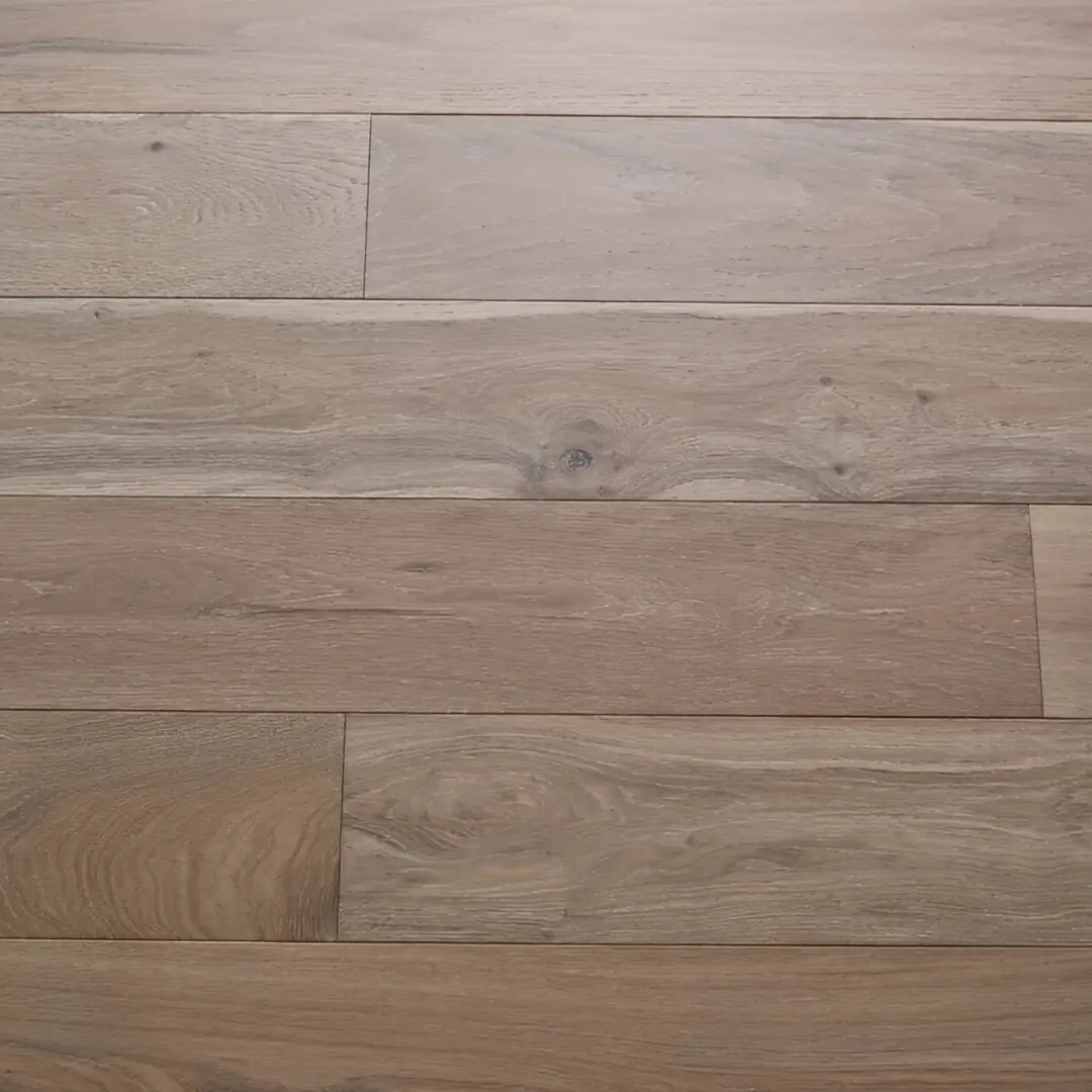 Close-up of Eco Range Iceberg Oak engineered wood flooring with a soft oiled finish and light, neutral grain tone