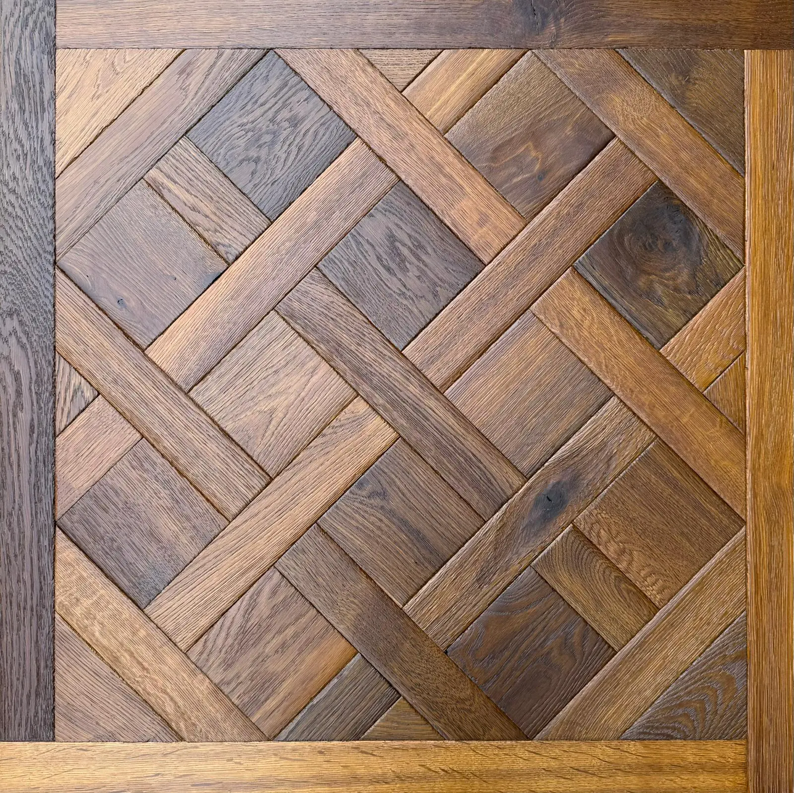 Amber smoked oak Versailles parquet panel 800x800 hand-tumbled engineered oak flooring