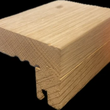 Architectural square edge oak stair nosing close up showing oak grain and square profile