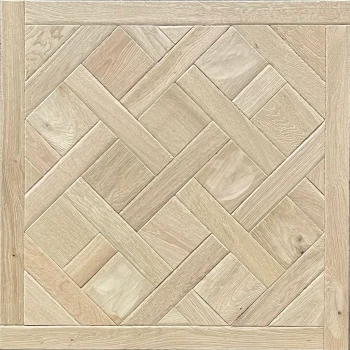 Close up of tumbled raw oak handsawn engineered Versailles panel