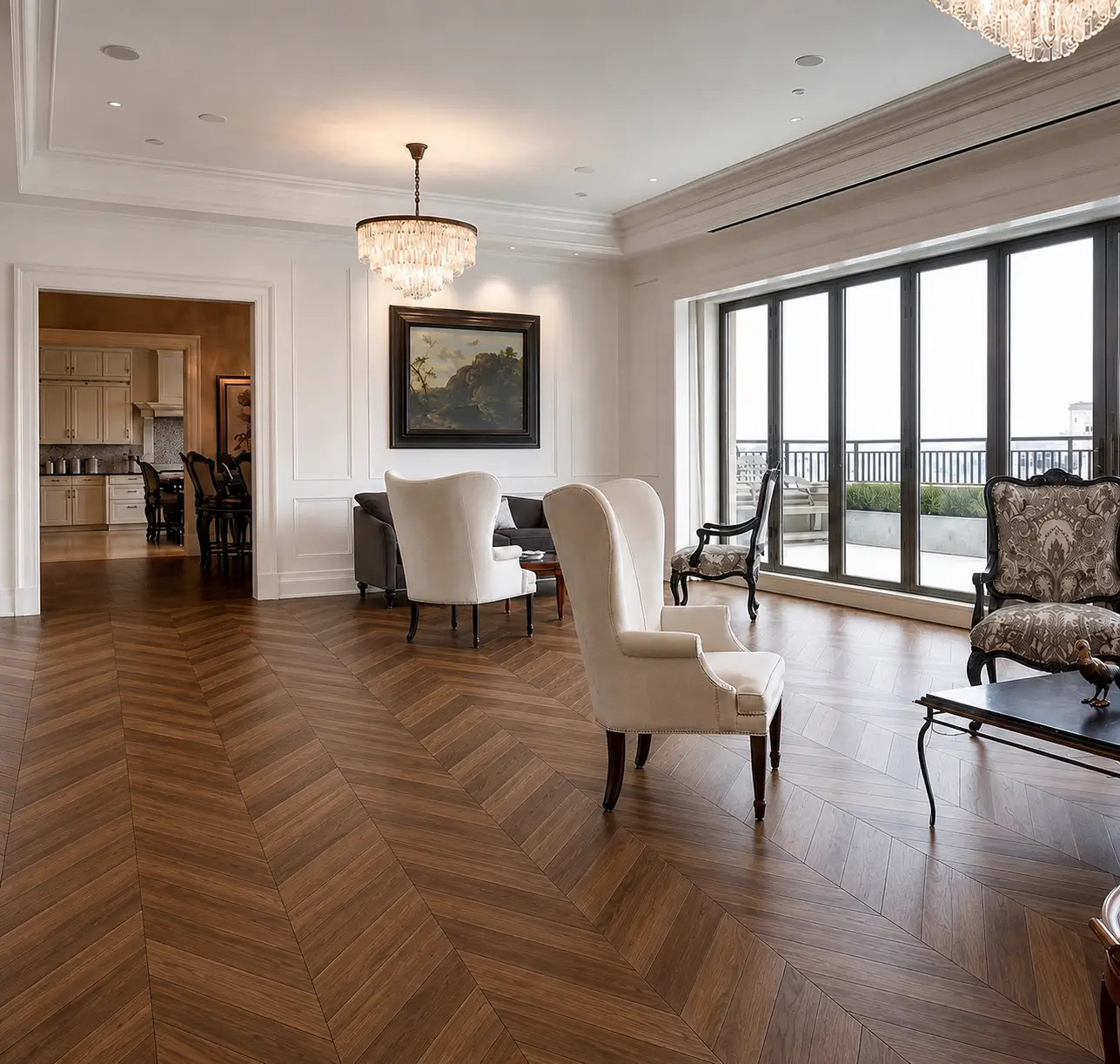 American Black Walnut chevron flooring in a luxury living room with cream armchairs and balcony view