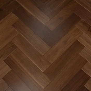 Herringbone laid American Black Walnut flooring with UV lacquer finish, deep chocolate tones and flowing streaked grain