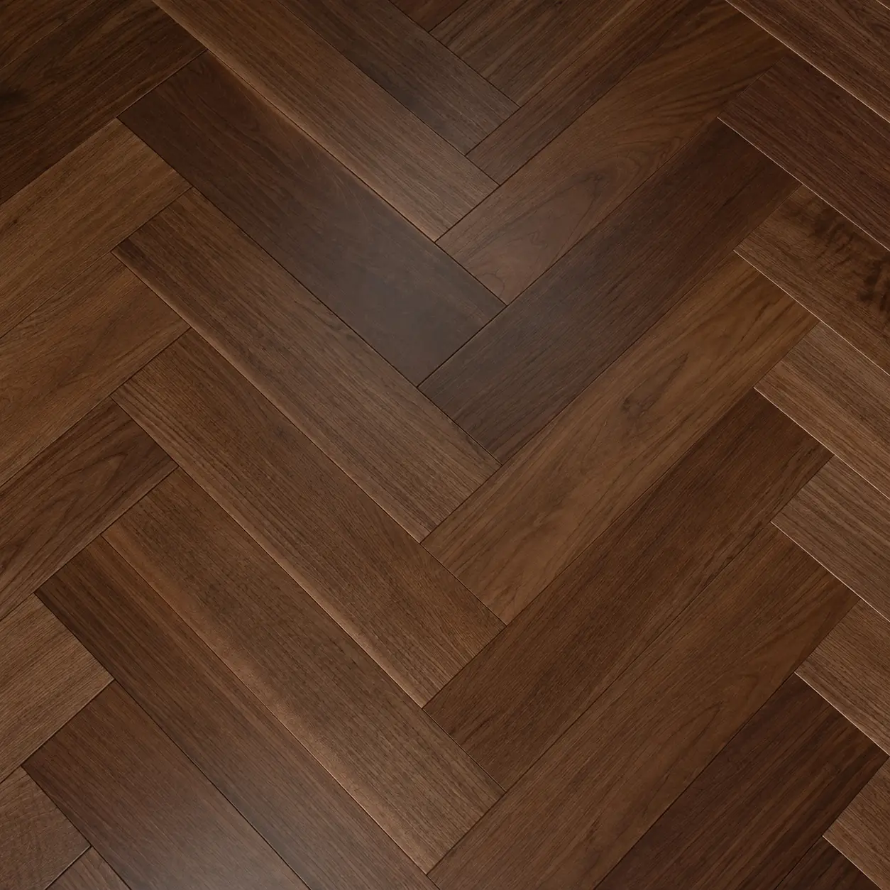 Herringbone laid American Black Walnut flooring with UV lacquer finish, deep chocolate tones and flowing streaked grain