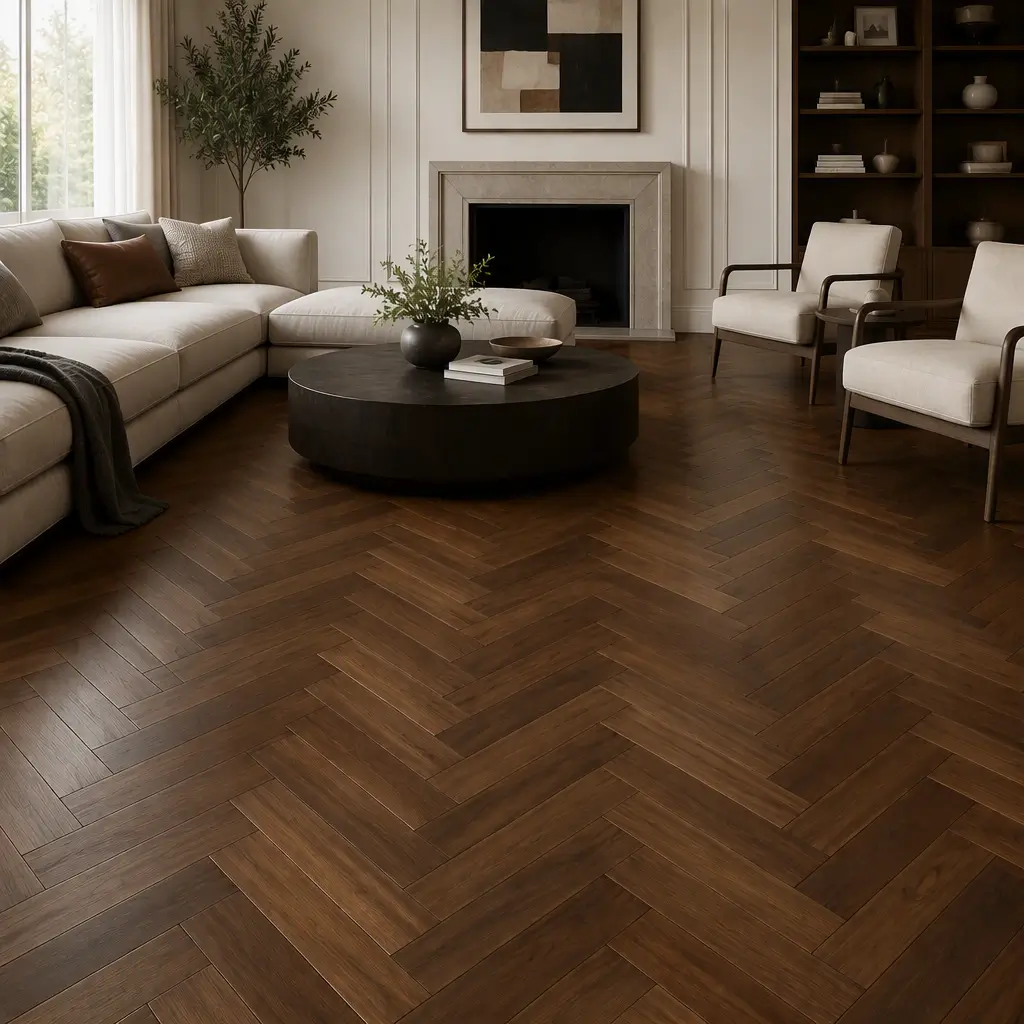 American Black Walnut herringbone flooring installed in a living room, UV lacquered engineered wood floor