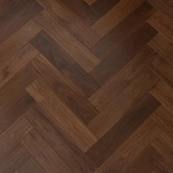 Herringbone laid American Black Walnut flooring with UV oiled finish, matte surface and streaked walnut grain