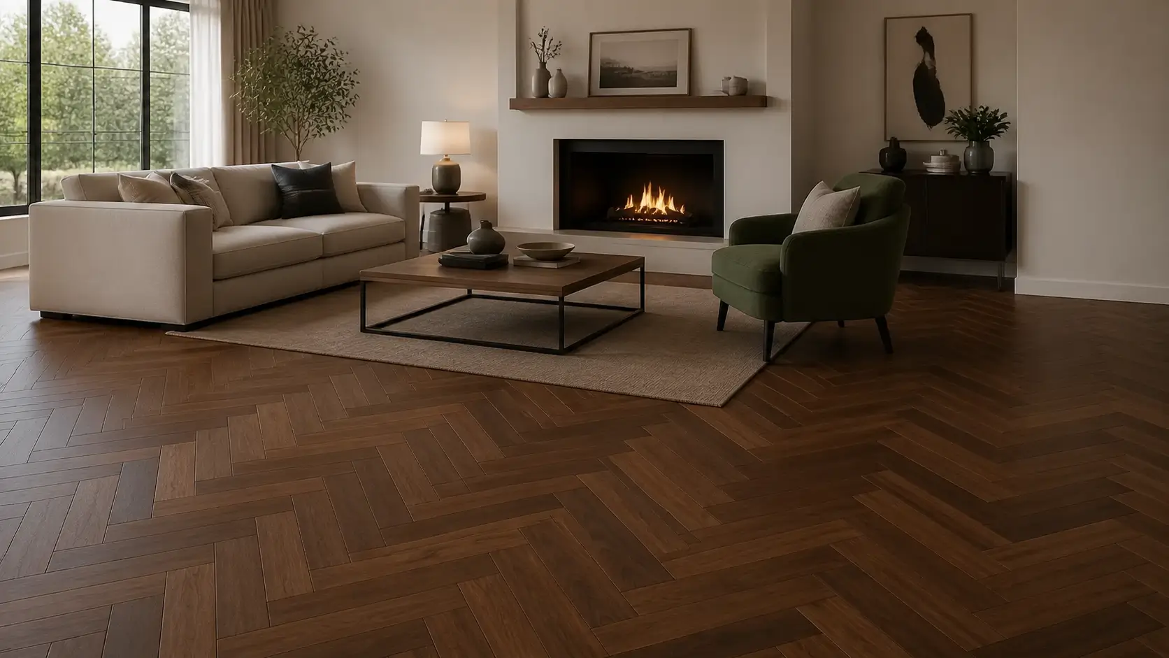 American Black Walnut herringbone flooring installed in a living room, UV oiled engineered wood floor